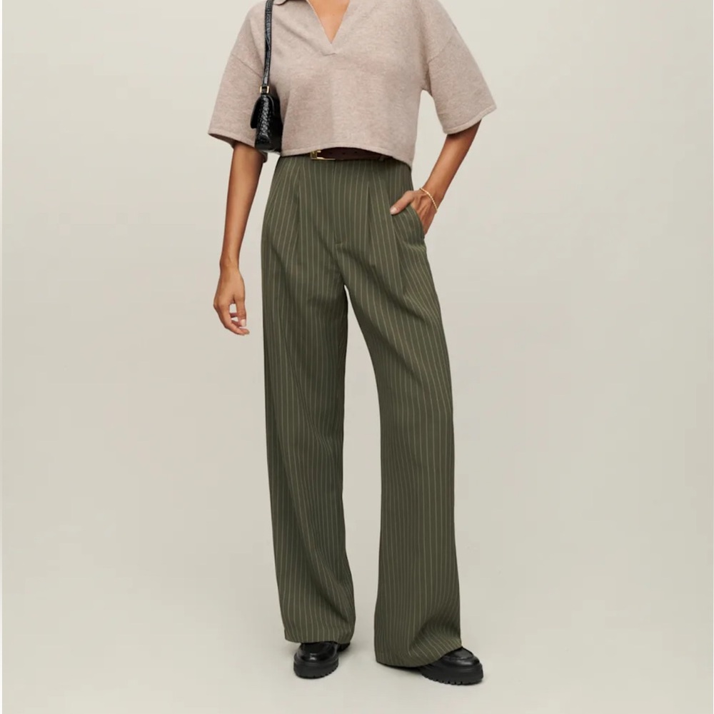 Reformation Mason Olive Green Striped Women's Pants 6P